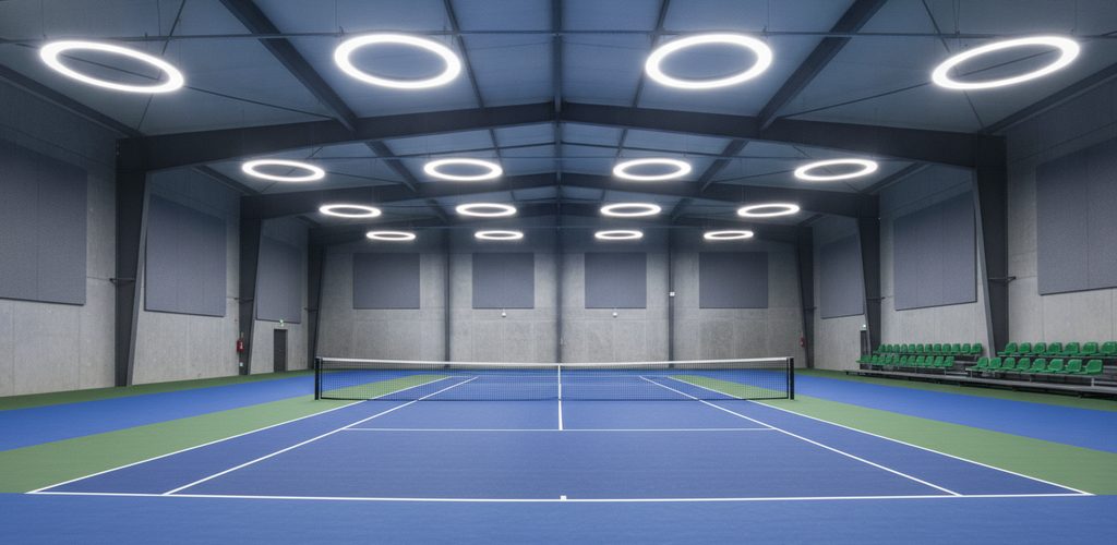 Tennishalle mit 500 Lux: 12 LED-Hallenstrahler à 150 W