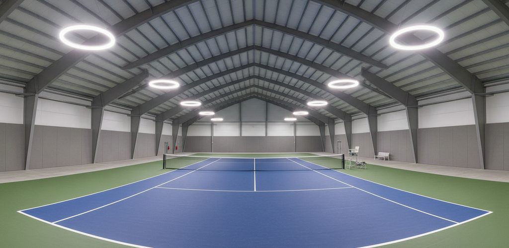Tennishalle mit 750 Lux: 12 LED-Hallenstrahler à 200 W