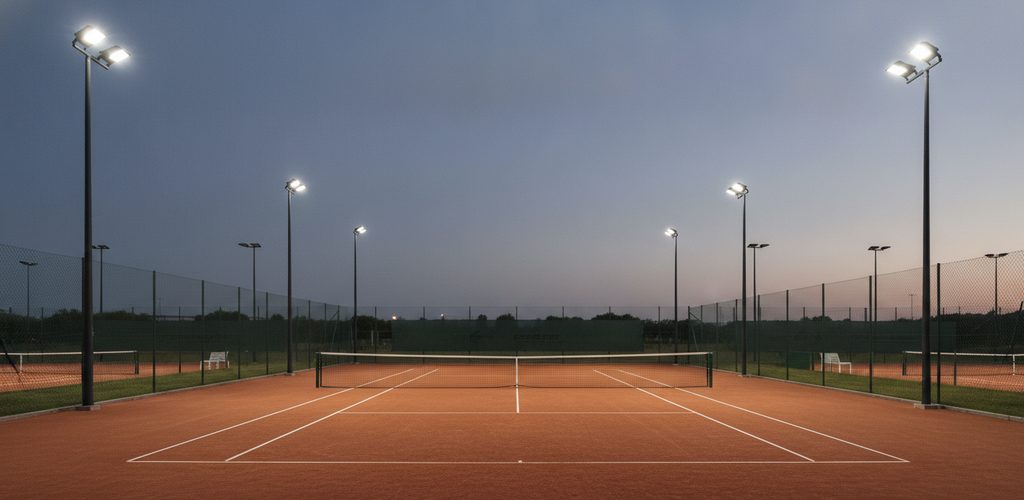 Tennisplatz 24 × 11 m mit 300 Lux: 8 LED-Flutlichtstrahler à 151,5 W