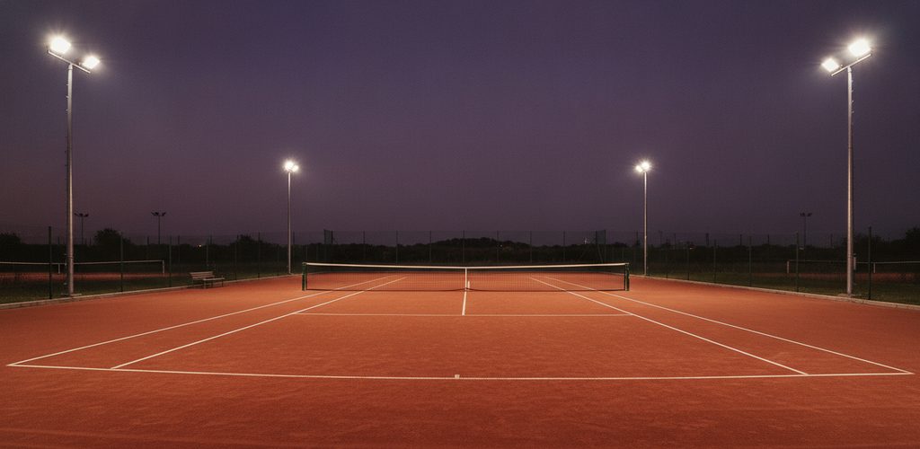 Tennisplatz 24 × 11 m mit 500 Lux: 8 LED-Flutlichtstrahler à 241,3 W