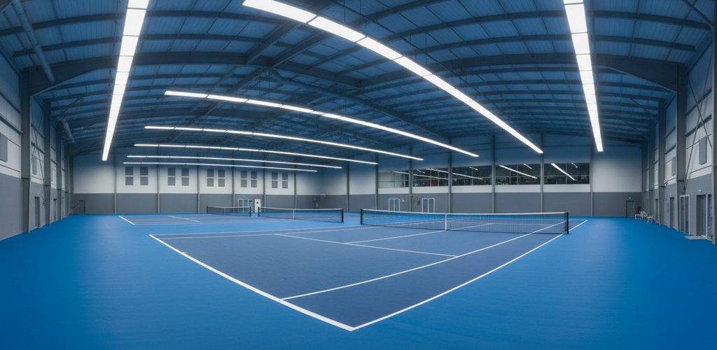 Tennisplatz mit 302 Lux: 32 LED-Linearleuchten à 60,8 W
