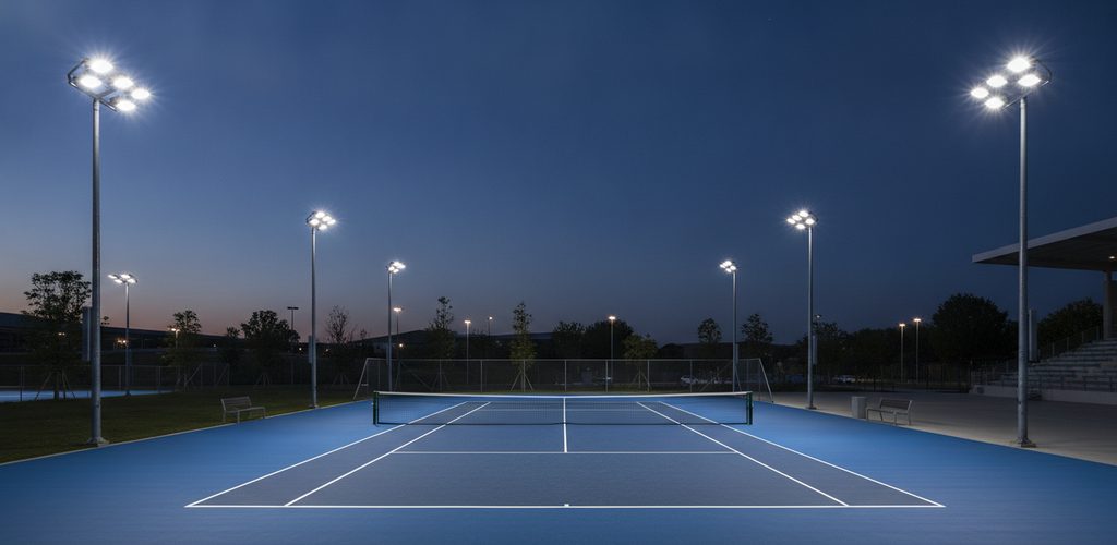 Tennisplatz mit 750 Lux: 8 LED-Flutlichtstrahler à 395 W