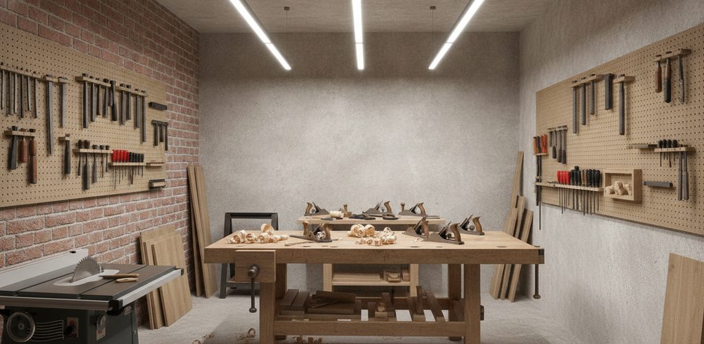 Tischlerwerkstatt 15 m²: 461 Lux mit 3 LED-Linearleuchten