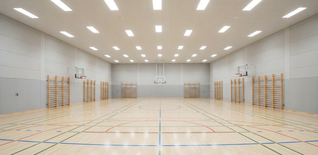 Turnhalle 25 × 14 m: 7 Leuchtenvarianten im UGR-Vergleich