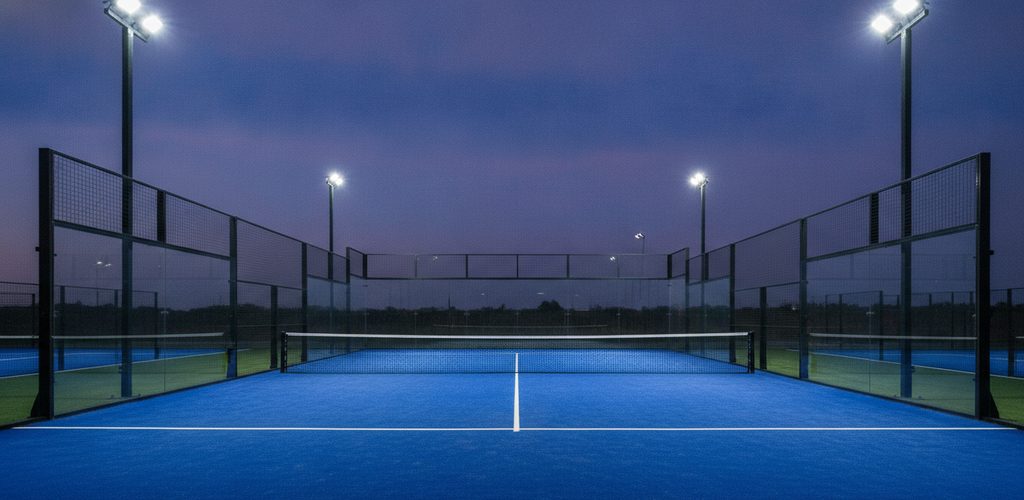 Umzäunter Padel-Court mit 300 Lux: 4 Strahler à 204 W an 4 Masten