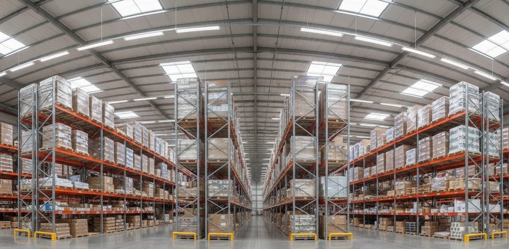 Versandlager mit Regalgängen: 621 Lux mit 157 LED-Leuchten