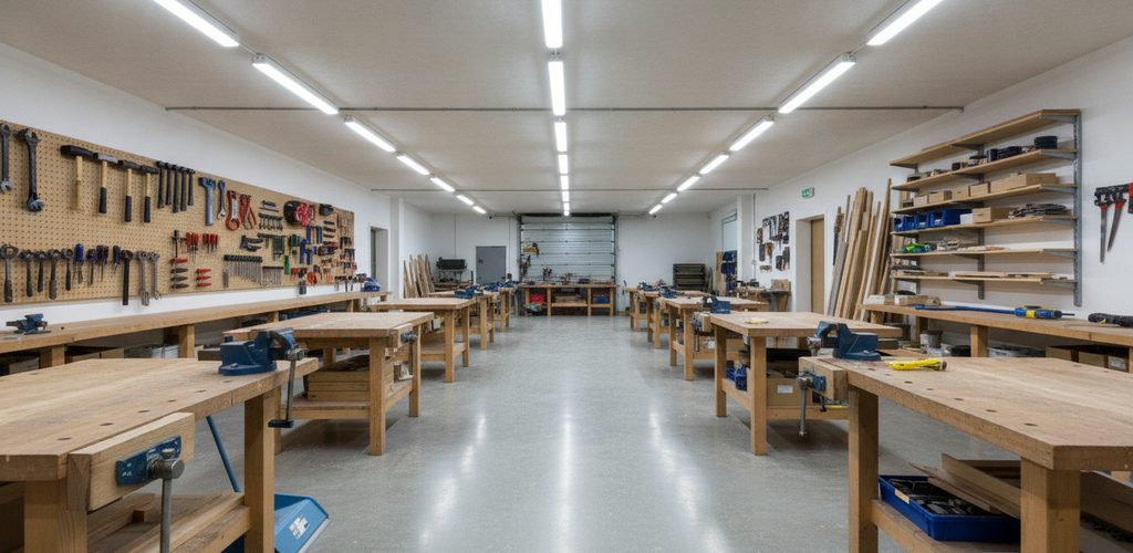 Werkstatt mit niedriger Decke: 477 Lux bei Wartungsfaktor 0,67