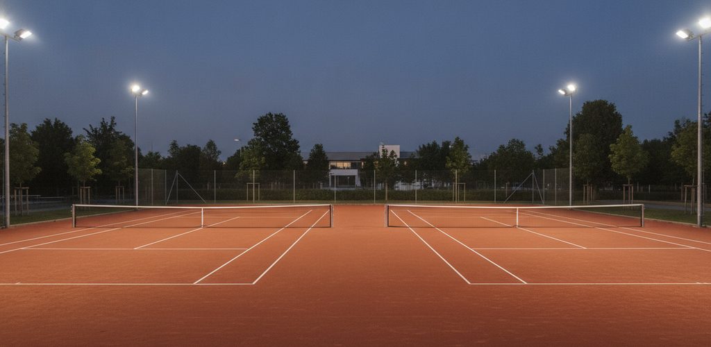 Zwei Tennisplätze mit 300 Lux: 8 LED-Flutlichtstrahler à 491,5 W