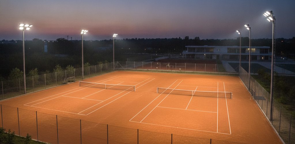 Zwei Tennisplätze mit 500 Lux: 12 Flutlichtstrahler an 6 Masten